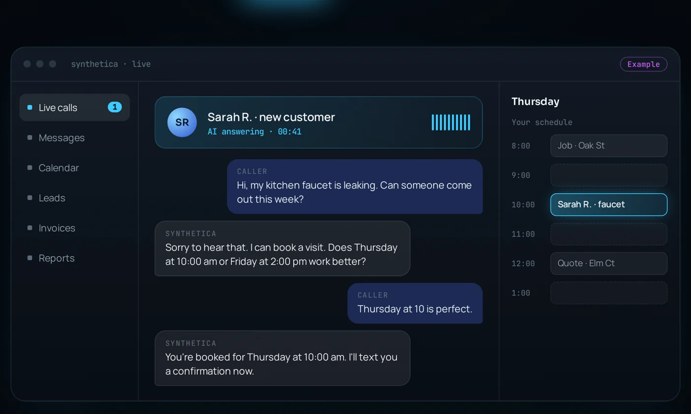 Example: Synthetica answering a call and booking a Thursday 10:00am visit on the calendar